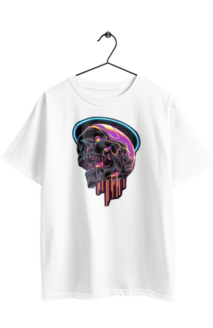 Oversized t-shirt with prints Skull. Black and white, bones, neon, scull, teeth. 2070702