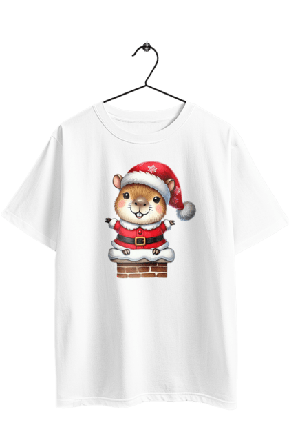 Футболка оверсайз з принтом "Різдвяна капібара". Капібара, новий рік, новорічний подарунок, подарунок, різдво, різдвяна капібара, санта, свято, тварина. 2070702
