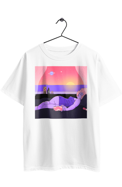 Oversized t-shirt with prints Purple Girl On Vacation. Girl, sunset, telephone. 2070702