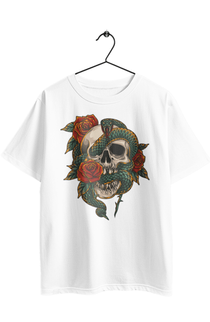 Oversized t-shirt with prints Skull with a snake. Bones, flowers, roses, scales, scull, snake, spikes, teeth. 2070702