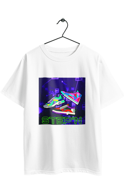 Футболка оверсайз з принтом "Step`n". Віртуальні кросівки, крипта, криптовалюти, нфт, нфт кросівки, солана, степен. 2070702
