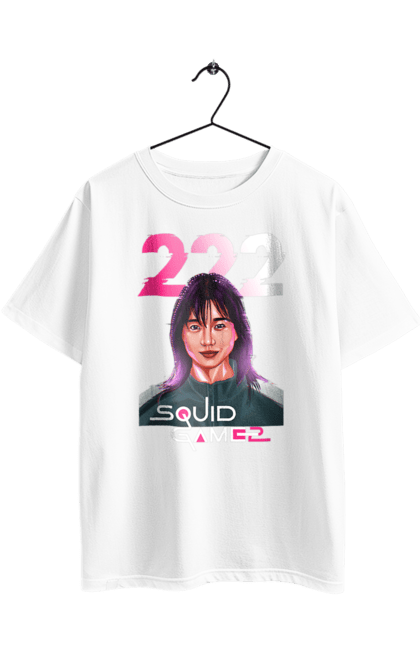 Футболка оверсайз з принтом "Гра в кальмара Кім Чун Хі". 222, kim jun-hee, netflix, squid game, гра в кальмара, гравець 222, ким чун хі, нетфлікс, серіал. 2070702