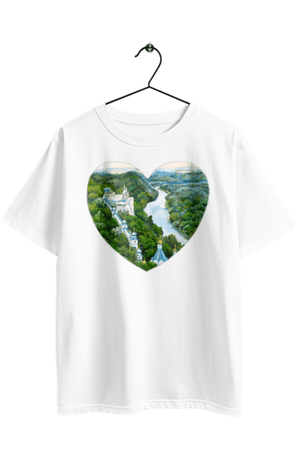 Футболка оверсайз с принтом Святогорская лавра. Донецкая область, лес, монастырь, пейзаж, река, святогорск, украина, церковь. 2070702