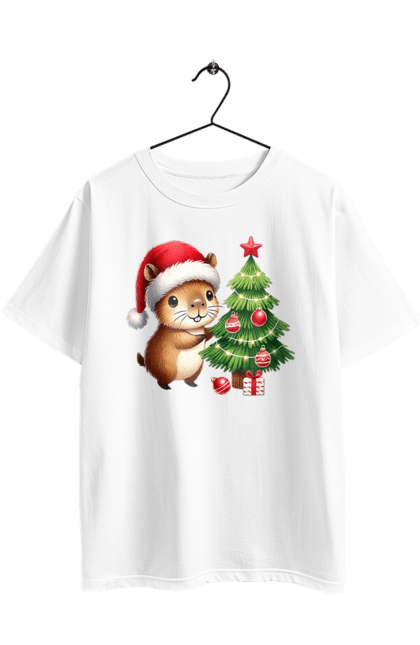 Футболка оверсайз з принтом "Різдвяна капібара з ялинкою". Капібара, новий рік, новорічний подарунок, подарунок, різдво, різдвяна капібара, санта, свято, тварина, ялинка. 2070702