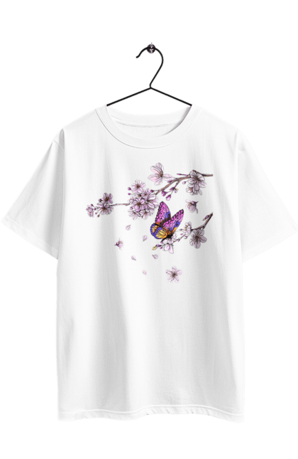 Футболка оверсайз з принтом "Метелик І Сакура". Весна, дерево, метелик, сакура. 2070702