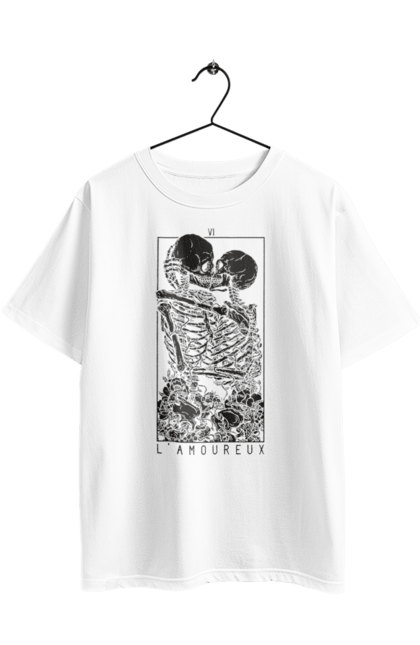 Футболка оверсайз з принтом "Закохані скелети". Зуби, карта, кістки, любов, поцілунок, скелети, таро, череп. 2070702