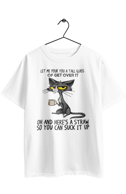 Футболка оверсайз з принтом "Як це пережити?". Велика склянка, випий, все відмінно, йди нахуй, кіт і кухоль, налий, роздум, смоктати, як це подолати. 2070702