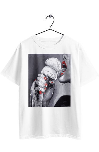 Футболка оверсайз з принтом "Смак ескімо". Апетитне ескімо, вона лиже, дівчина та морозиво, лиже мовою, смак ескімо, смак морозива, тече по губах, тече по руках. 2070702