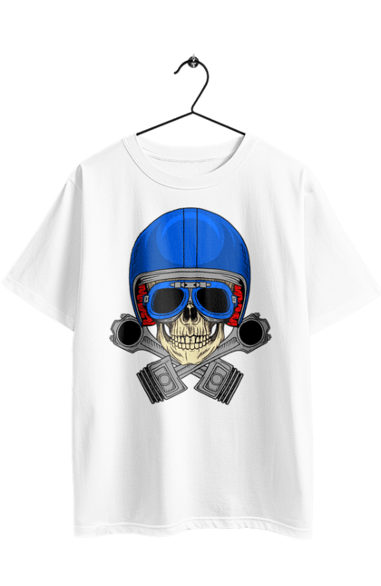 Футболка оверсайз з принтом "череп мотолюбитель". Байкер, окуляри, череп, шолом. 2070702