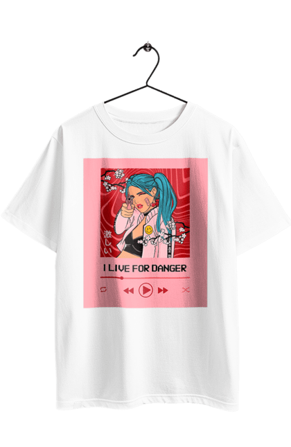 Oversized t-shirt with prints I Live For Danger. Anime, music, pistol, turntable. 2070702