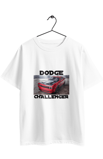 Футболка оверсайз з принтом "Додж челенджер". Авто, автомобіль, американська легенда, додж челенджер, класичний автомобіль, культове авто, масл кар, потужний автомобіль. 2070702