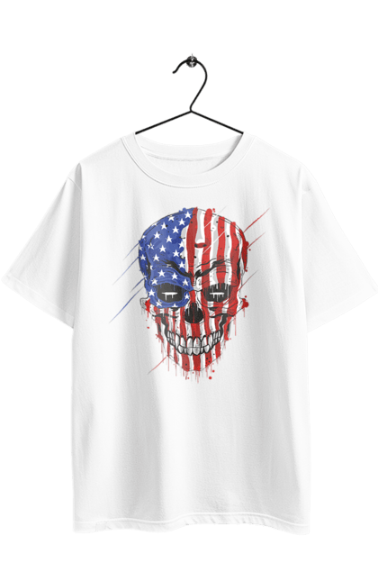 Oversized t-shirt with prints Skull with flag. Bones, eagle, flag, scull, smile, teeth, usa. 2070702