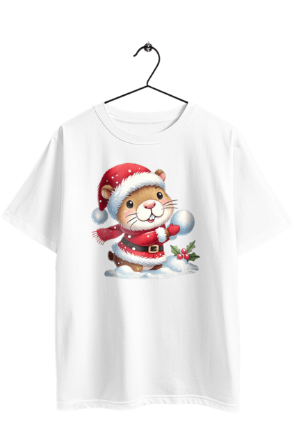 Футболка оверсайз з принтом "Капібара грає у сніжки". Гра, капібара, новий рік, подарунок, різдво, різдвяна капібара, санта, свято, сніжки, тварина. 2070702