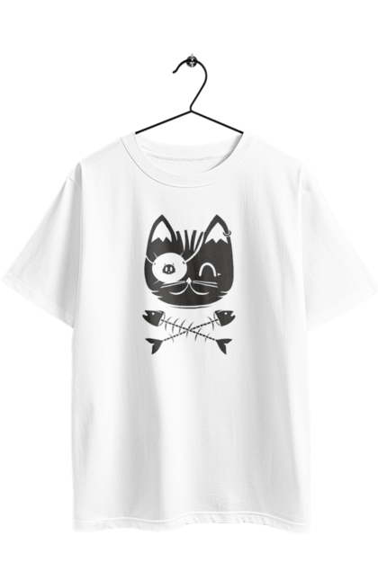 Футболка оверсайз з принтом "Кіт пірат". Кістки, кіт, крутий малюнок, милі рисунки, пірати, риба, тварини, череп. 2070702