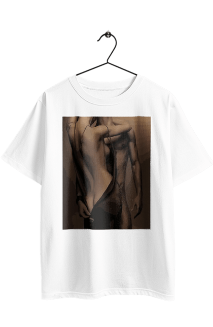 Oversized t-shirt with prints Intrigue. Delight, intrigue, love, man and woman, reciprocity, sex. 2070702