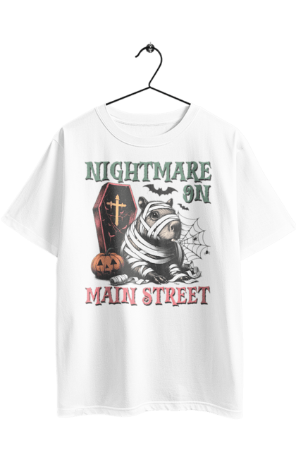 Футболка оверсайз з принтом "Капібара Хелловін". Capybara, halloween, водосвинка, гарбуз, гризун, капібара, мумія, свято, тварина, хелловін. 2070702