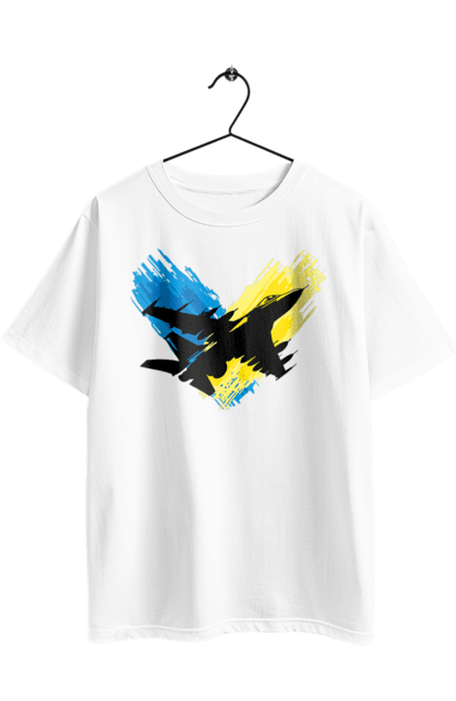 Футболка оверсайз з принтом "Літак F 16". З прапором, зсу, літак, літак f16, патріотична, прапор, ф16. 2070702