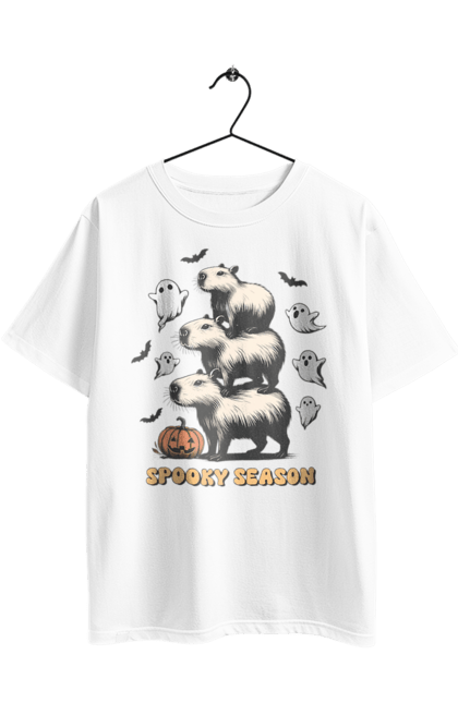 Футболка оверсайз з принтом "Капібара Хелловін". Capybara, halloween, водосвинка, гарбуз, гризун, капібара, привид, свято, тварина, хелловін. 2070702