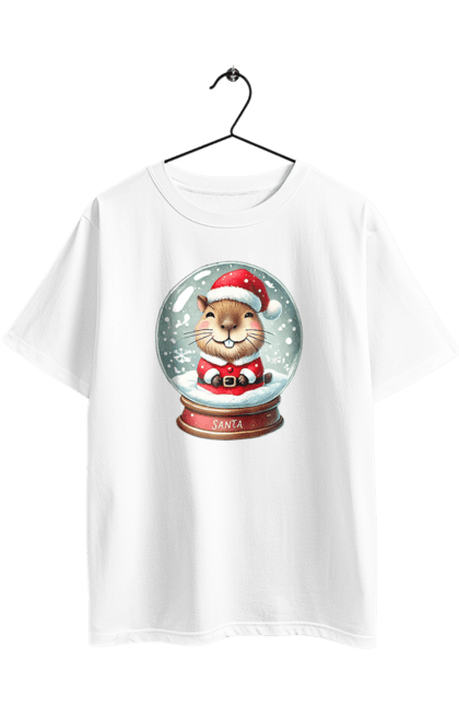 Футболка оверсайз з принтом "Капібара в сніговій кулі". Капібара, новий рік, новорічний подарунок, подарунок, різдво, різдвяна капібара, санта, свято, снігова куля, тварина. 2070702