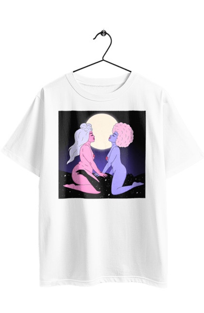 Oversized t-shirt with prints Two Aliens And The Moon. Aliens, from above, girls. 2070702