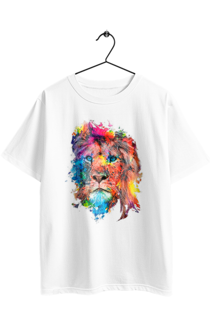 Футболка оверсайз з принтом "Лев із фарби". Барвистий лев, індійський лев, лев, лев та холі, розмальовка, святковий лев, фарби, холи. 2070702