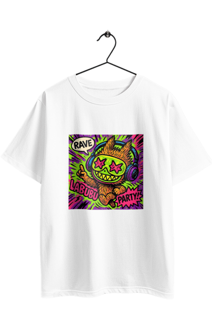 Футболка оверсайз з принтом "Лабубу". Вечірка, вуличне мистецтво, графіті, зоряніочі, коміксстиль, лабубу, навушники, неон, попарт, рейв. 2070702