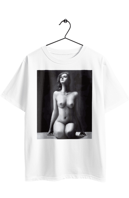 Oversized t-shirt with prints Body beauty. Body beauty, breast, female body, women`s breasts. 2070702