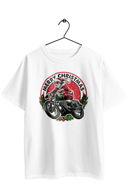 Футболка оверсайз з принтом "Щасливого Різдва, дід мороз на мотоциклі". 2022, дід мороз, зима, мотоцикл, новий рік, подарунки, різдво, санта, сніг. 2070702
