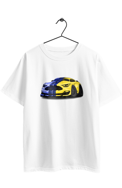Футболка оверсайз з принтом "Український мустанг". Жовто блакитне авто, кольори україни, машина, мустанг, суперкар, форд мустанг, шелбі. 2070702