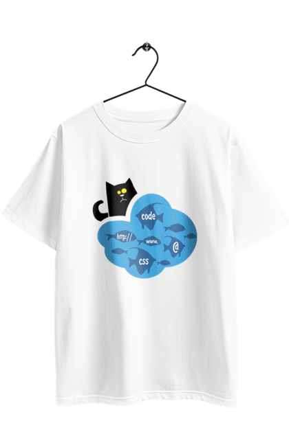 Футболка оверсайз з принтом "Кіт програміст". Angular, c, css, html, it, javascript, jquery, php, python, react, svelt, vue, айтишник, айті, гумор, код, кодувати, прогер, програміст, програмісти, ти ж, ти ж програміст, тиж програміст. 2070702