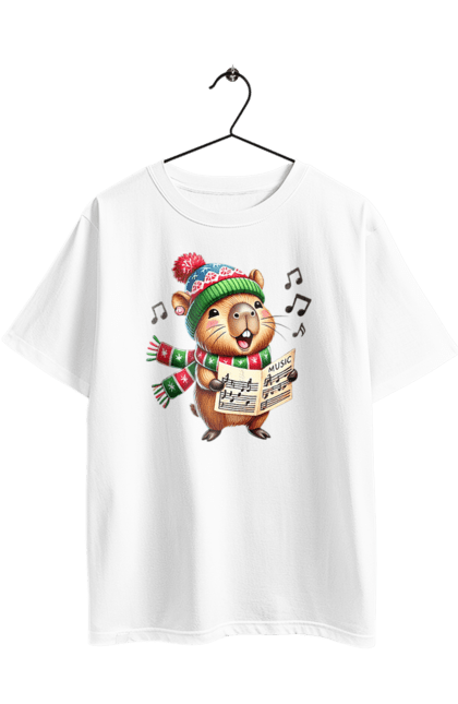 Футболка оверсайз з принтом "Капібара співає різдвяні пісні". Капібара, музика, новий рік, подарунок, різдво, різдвяна капібара, санта, свято, тварина, хор. 2070702
