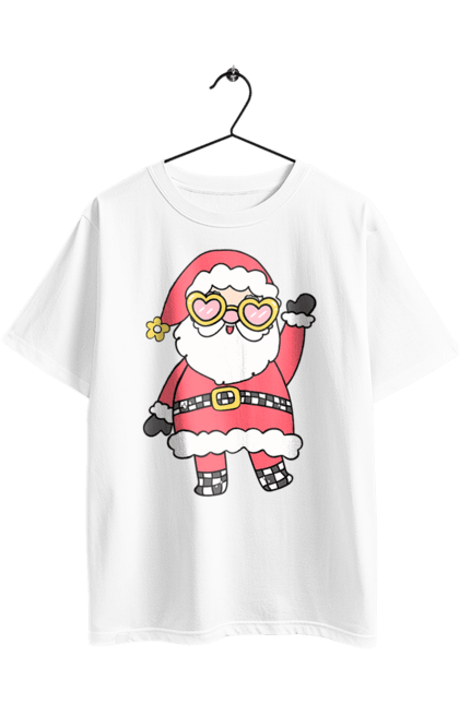 Oversized t-shirt with prints Santa Claus with glasses. Christmas decor, christmas print, festive mood, new year, santa claus, winter holidays. 2070702
