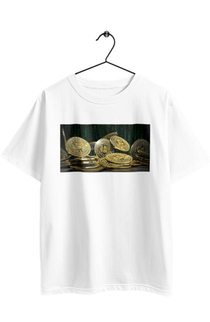 Футболка оверсайз з принтом "Біткойн". Багатство, біткойн, валюта, гроші, криптовалюта, курс, майнінг, матриця, монета, розкіш, цифровий світ. 2070702