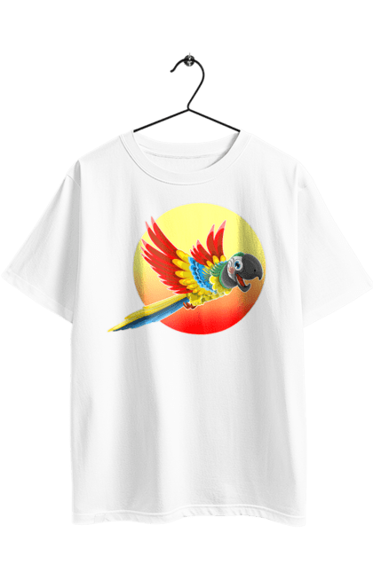 Футболка оверсайз з принтом "Папуга На Тлі Сонця". Ара, веселий, відпочинок, відпустка, диск, жарко, жовтий, коло, кольоровий, крила, літає, літо, папуга, папужка, пір`я, політ, помаранчевий, птах, різнокольоровий, сонце, сонячно, спека, тепло, тропіки, у польоті, червоний. 2070702