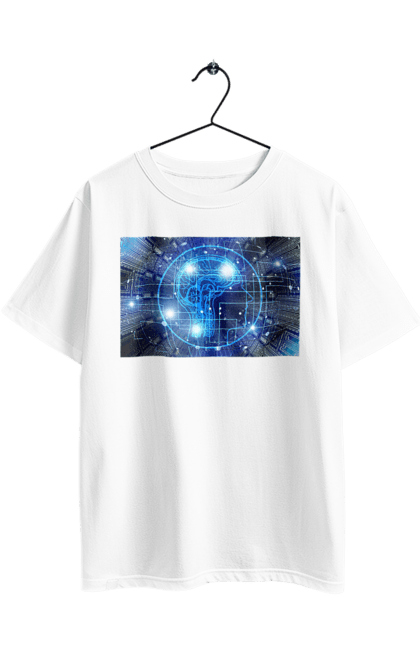 Футболка оверсайз з принтом "Штучний інтелект". Айті, айтішник, гік, знання, інженер, інтелект, кібер, кібернетика, кіборг, код, комп, комп`ютерник, кристал, машинне навчання, мікросхема, мозок, портрет, програміст, професіонал, професія, розробник, розум, хакер, чіп, штучний інтелект, штучний розум. 2070702