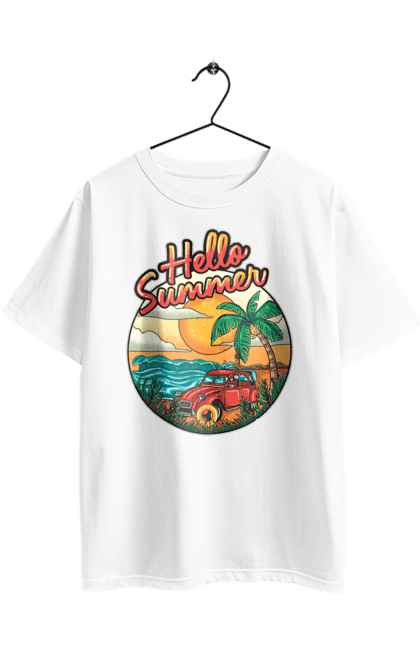 Футболка оверсайз з принтом "Привіт Літо, Машина Біля Моря". Літо, машина, острів, пальма, пляж. 2070702