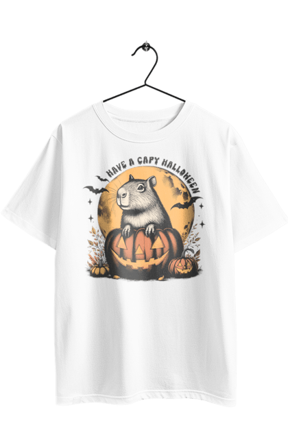 Футболка оверсайз з принтом "Капібара Хелловін". Capybara, halloween, водосвинка, гарбуз, гризун, капібара, місяць, свято, тварина, хелловін. 2070702