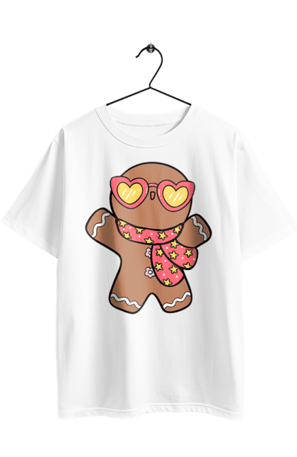 Футболка оверсайз з принтом "Імбирний пряник в окулярах". Актуальне, зимові свята, імбирне печиво, новий рік, печиво, різдво, різдвяний декор, різдвяний принт, святковий настрій, солодощі. 2070702