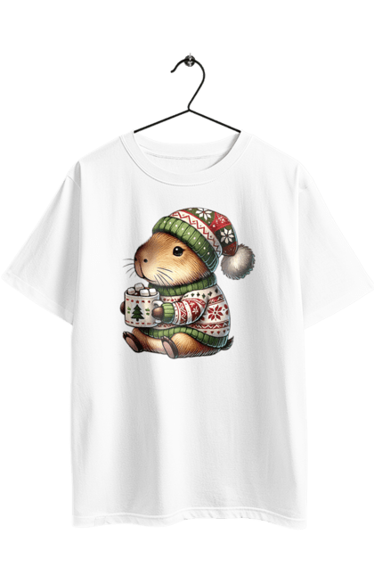 Футболка оверсайз з принтом "Капібара з гарячим шоколадом". Гарячий шоколад, капібара, новий рік, подарунок, різдво, різдвяна капібара, санта, свято, тварина. 2070702