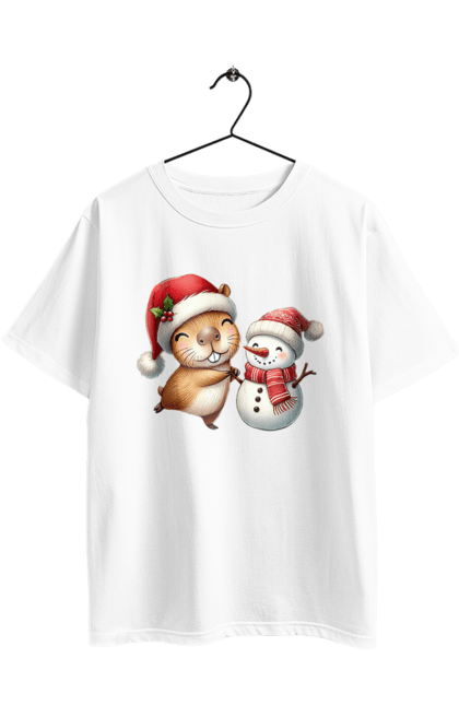 Футболка оверсайз з принтом "Капібара та сніговик". Капібара, новий рік, новорічний подарунок, подарунок, різдво, різдвяна капібара, санта, свято, сніговик, тварина. 2070702