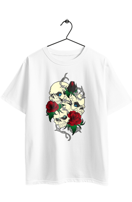 Oversized t-shirt with prints Skulls with roses. Bones, eyes, flowers, leaves, rose flower, roses, scull, spikes, teeth. 2070702