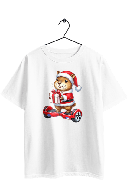 Футболка оверсайз з принтом "Різдвяна капібара з подарунком". Капібара, капібара з подарунком, новий рік, новорічний подарунок, подарунок, різдво, різдвяна капібара, санта, свято, тварина. 2070702