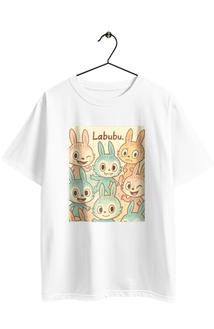 Футболка оверсайз з принтом "Лабубу". Безтурботно, грайливо, дизайнперсонажу, каваї, лабубу, милі мистецтво, ніжні відтінки, пастельніквіти, стиль мультфільму, чарівно. 2070702