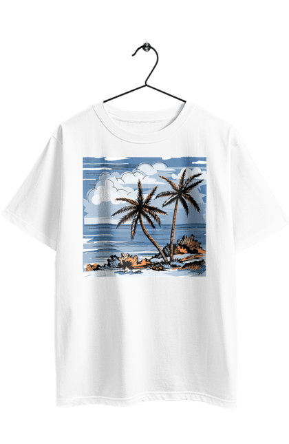 Oversized t-shirt with prints Palm Trees And Sky. Clouds, palm trees, sea, sky. 2070702