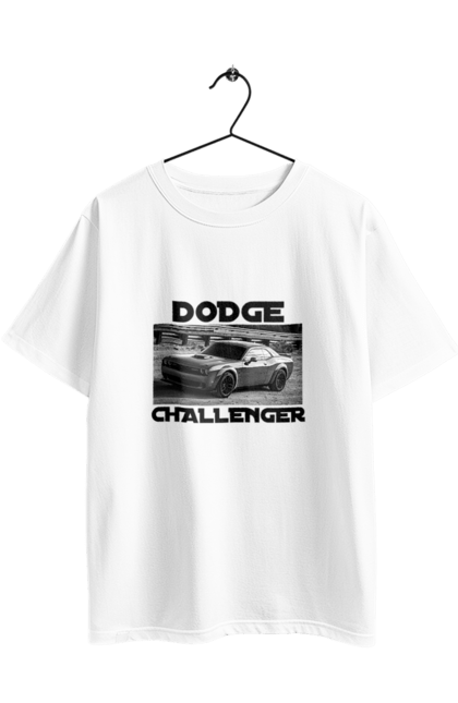 Футболка оверсайз з принтом "Додж челенджер". Авто, автомобіль, американська легенда, додж челенджер, класичне авто, культовий автомобіль, масл кар, потужний автомобіль. 2070702