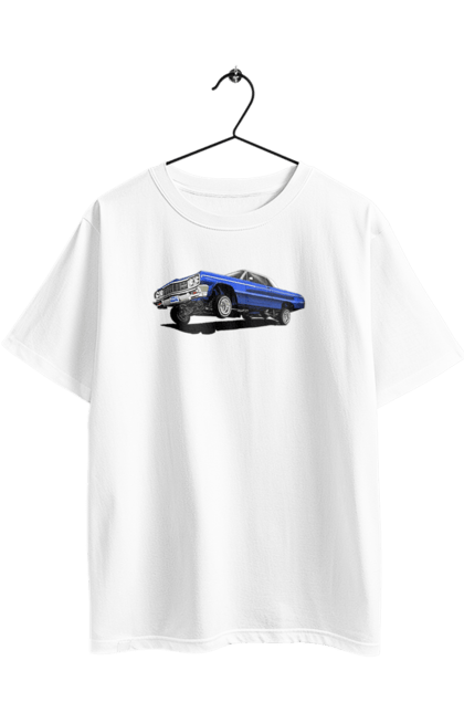 Футболка оверсайз з принтом "Автомобіль". Автомобіль, імпала, класика, лоурайдер, синій, шевроле. 2070702