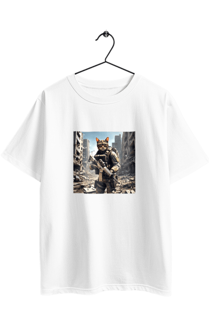 Футболка оверсайз з принтом "Кіт десантник". Бронежилет, війна, військовий, гвинтівка, захисник, камуфляж, кіт, рушниця. 2070702