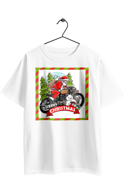 Футболка оверсайз з принтом "Санта на мотоциклі". Мотоцикл, новий рік, подарунки, різдво, санта, сніговик, ялинка. 2070702