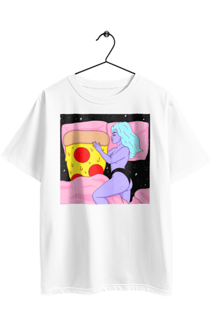 Футболка оверсайз з принтом "Фіолетова Дівчина І Піца". Дівчина, ліжко, піца. 2070702