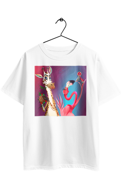 Футболка оверсайз з принтом "Жираф І Фламінго На Вечірці". Жираф, їжа, коктейль, фламінго. 2070702